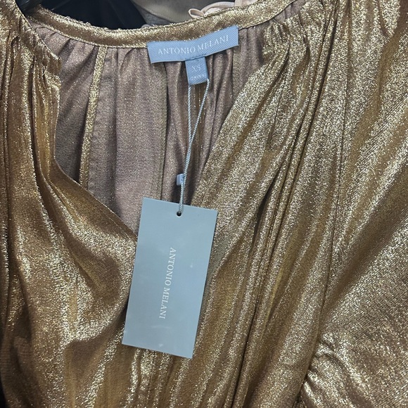 NWT ANTONIO MELANI Raffaella Metallic Split V-Long Sleeve Tie Waist Dress - Picture 4 of 8